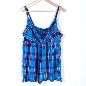 Faded Glory Y2K Blue Plaid Babydoll Tank Top XXL Smocked V-Neck Preppy Patriotic
